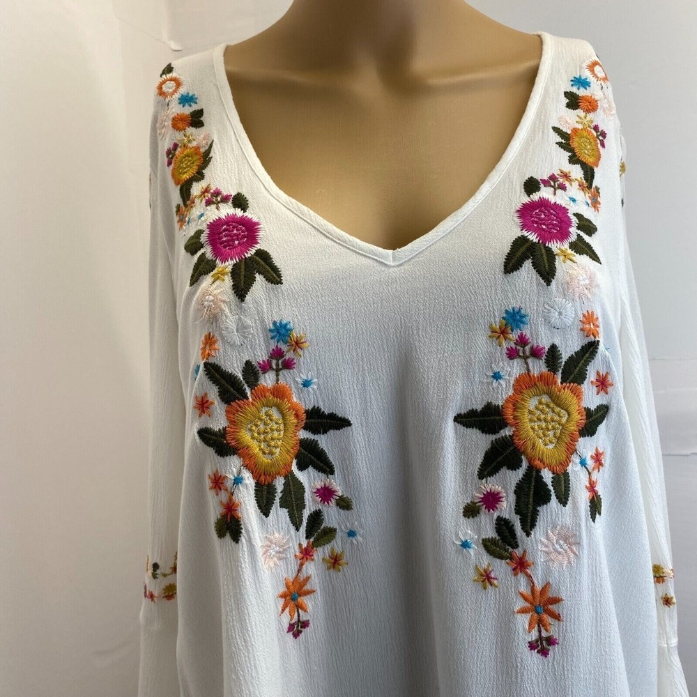 Womens Sugar Lips V Neck Floral Embroidered Lined Tunic Dress Bell Sleeve Sz M - Picture 16 of 16